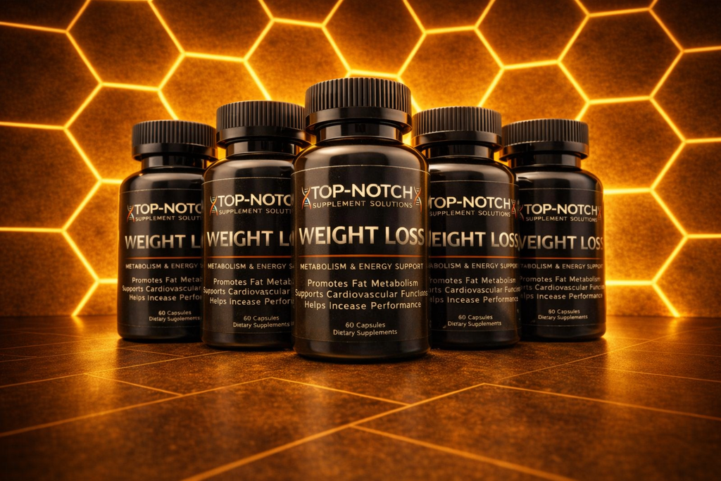 Top-Notch weight loss supplement bottles on a honeycomb pattern background