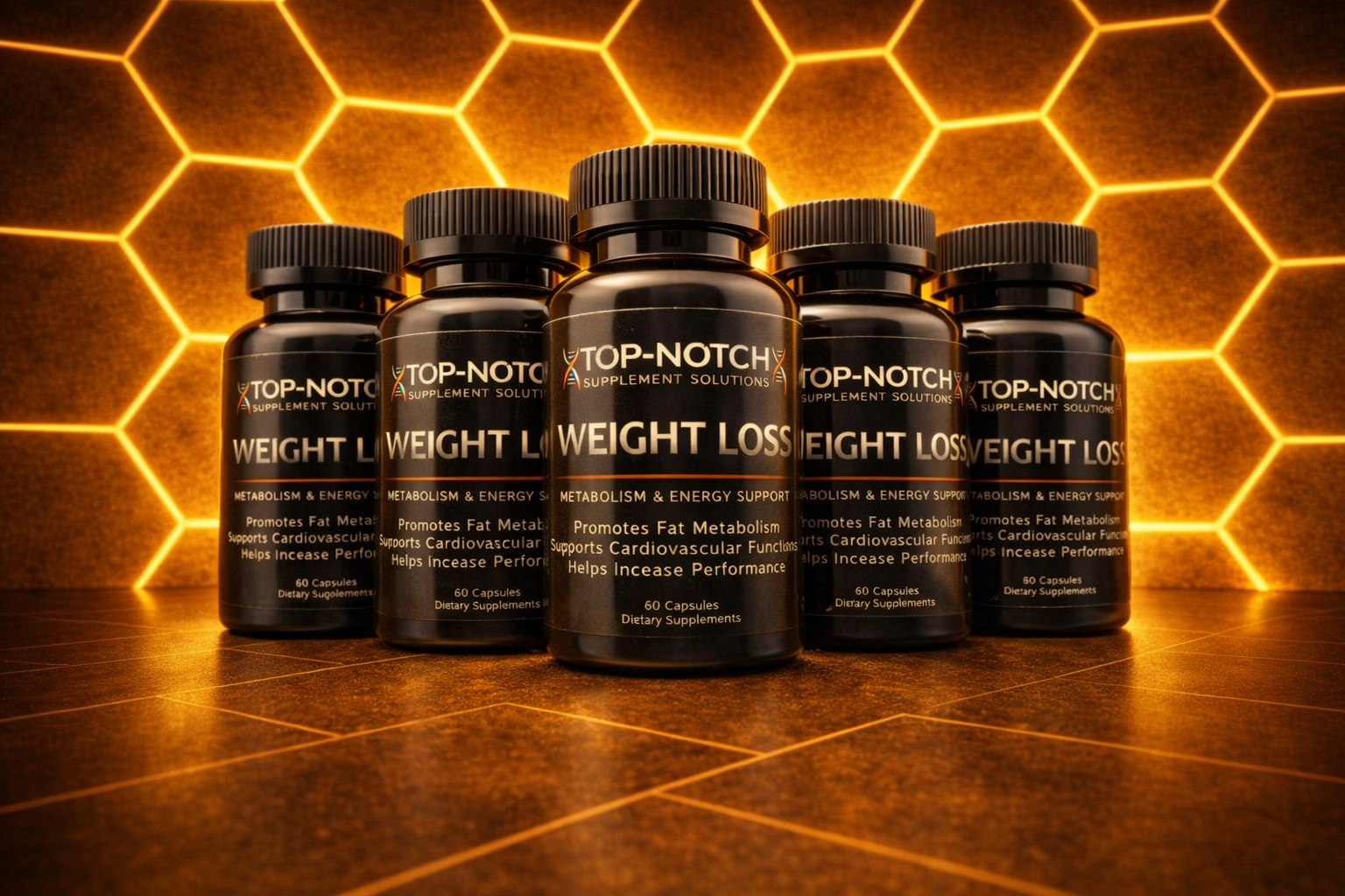 Top-Notch weight loss supplement bottles on a honeycomb pattern background