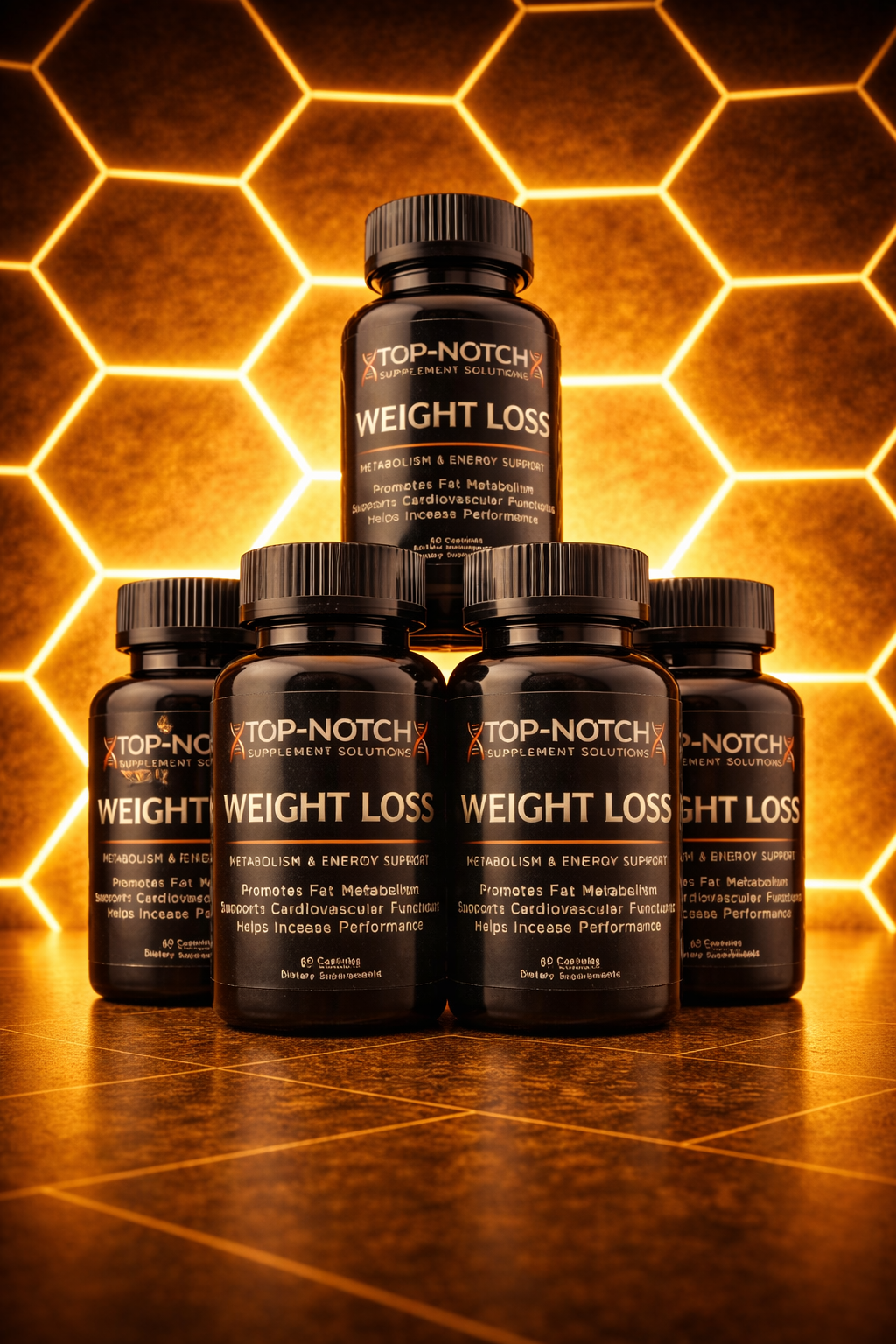 Bottles of Top-Notch Weight Loss supplement on a honeycomb background