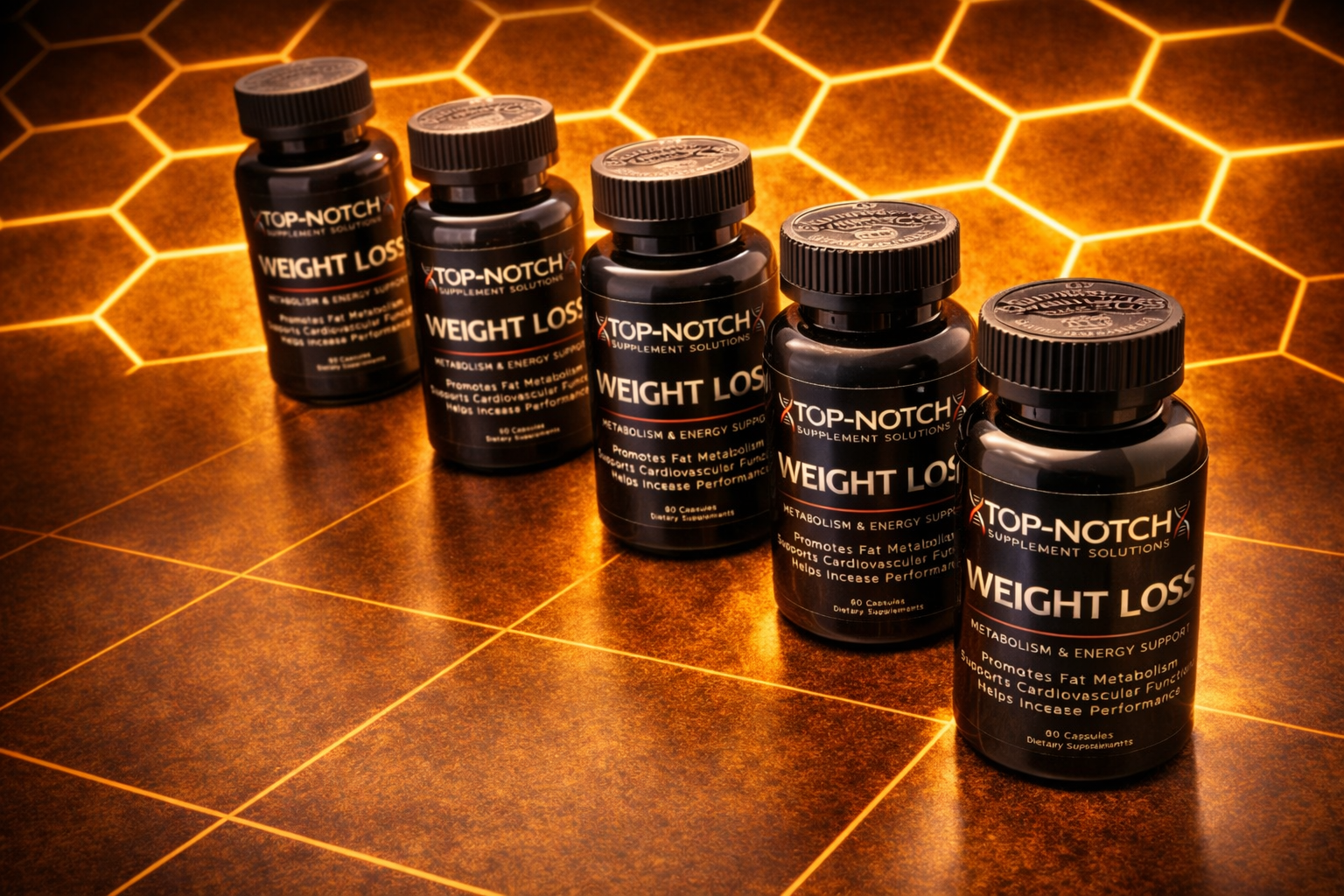 Multiple bottles of 'Top Notch Weight Loss' supplement on a reflective surface with a hexagonal pattern.
