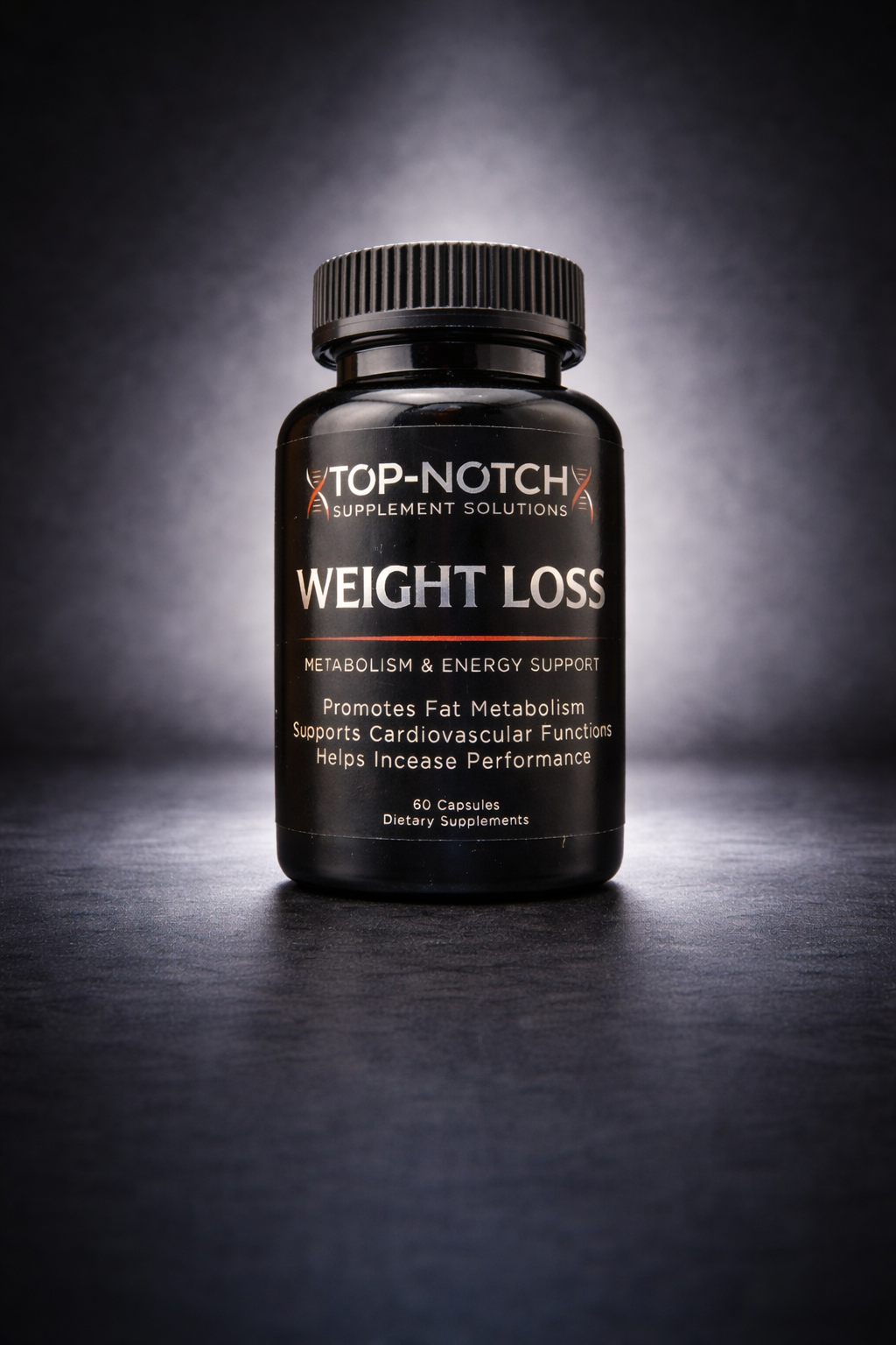 Black supplement bottle labeled 'Top-Notch Supplement Solutions' on a dark background