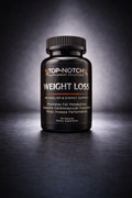 Black supplement bottle labeled 'Top-Notch Supplement Solutions' on a dark background