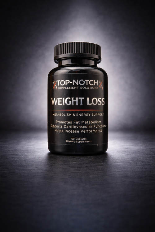 Black supplement bottle labeled 'Top-Notch Supplement Solutions' on a dark background