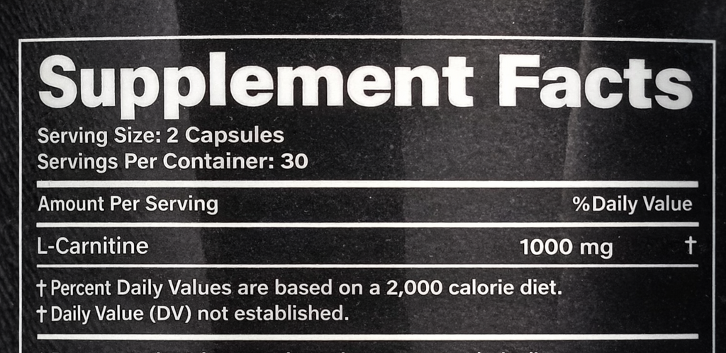 Supplement facts label with L-Carnitine information on a black background