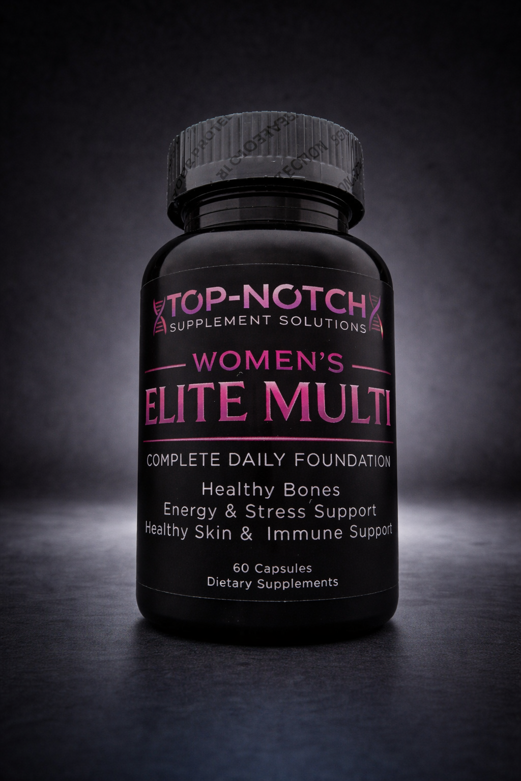 Supplement bottle labeled 'Top-Notch Women's Elite Multi' on a dark background