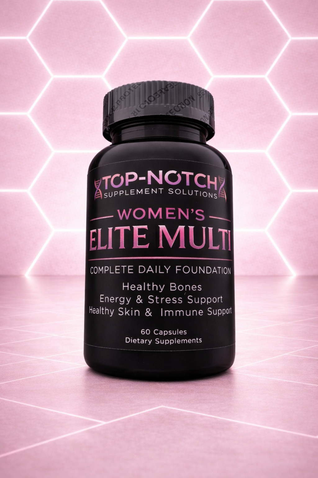 Supplement bottle labeled 'Top-Notch Supplement Solutions Women's Elite Multi' on a pink geometric pattern background