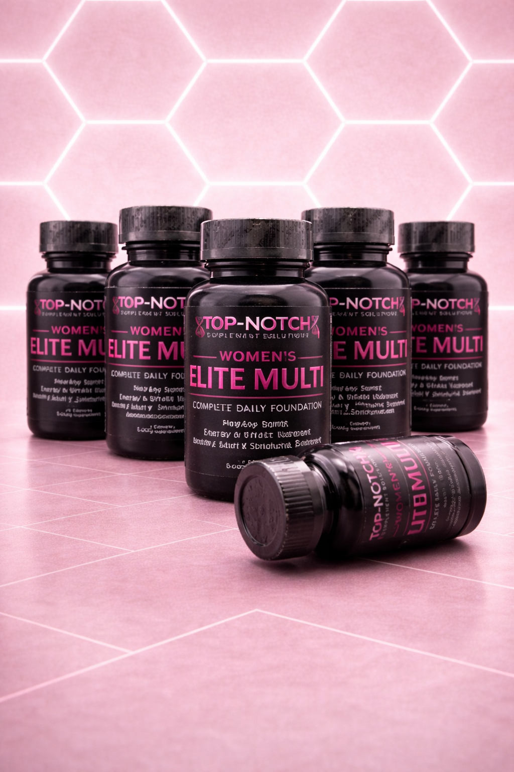 Bottles of Top-Notch Women's Elite Multi on a pink geometric background