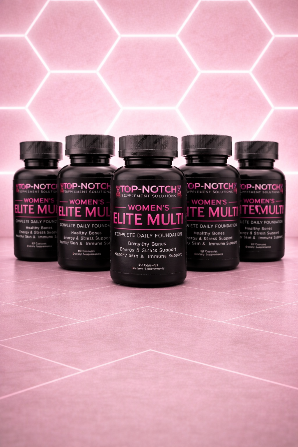 Row of 'Top-Notch' women's multivitamin bottles on a pink geometric background