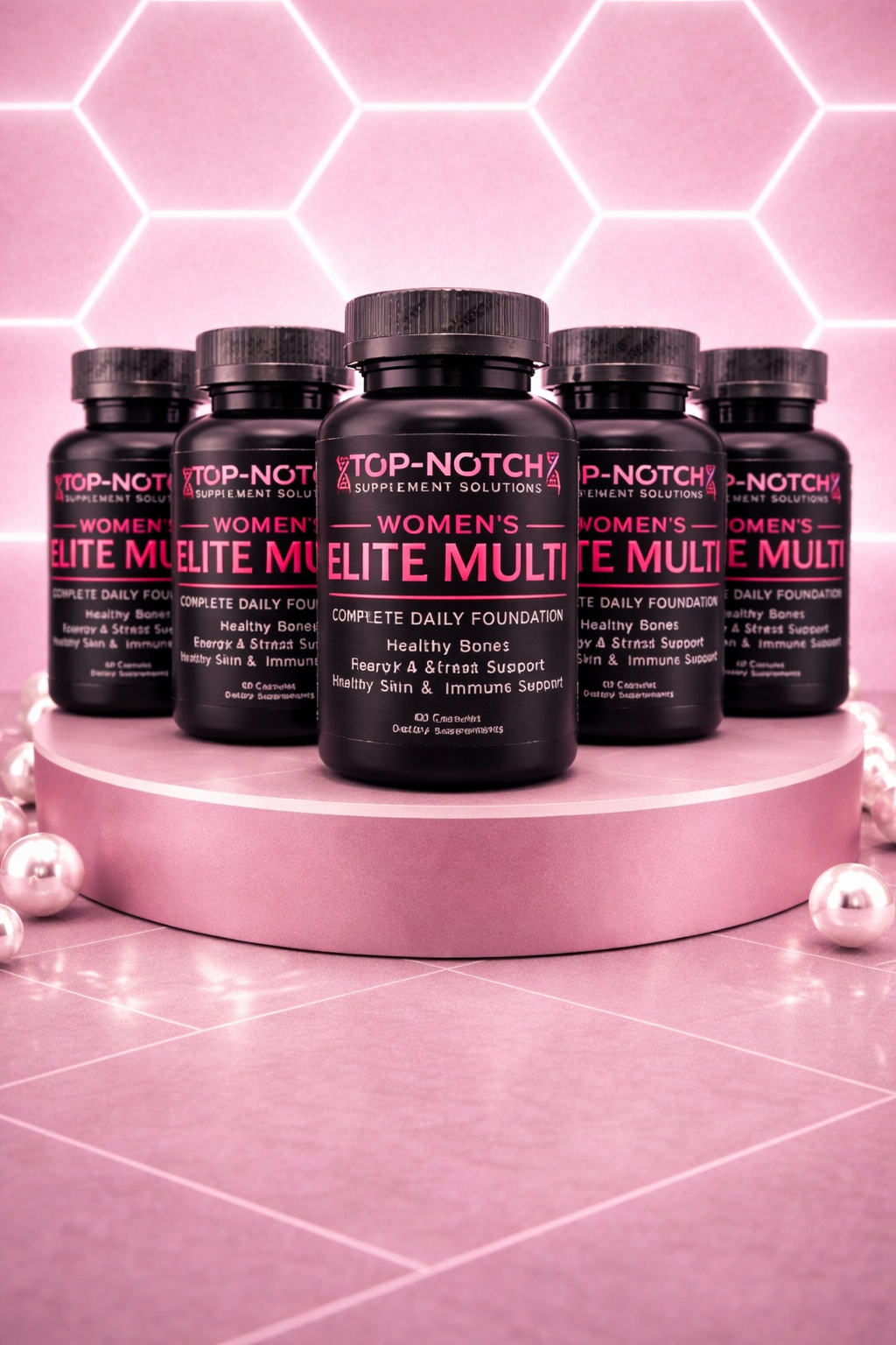 Bottles of Top-Notch Women's Elite Multi on a pink platform with a pink geometric background