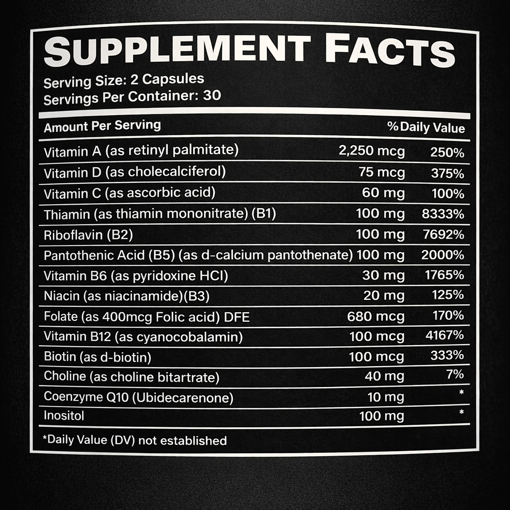Supplement facts label on a black background