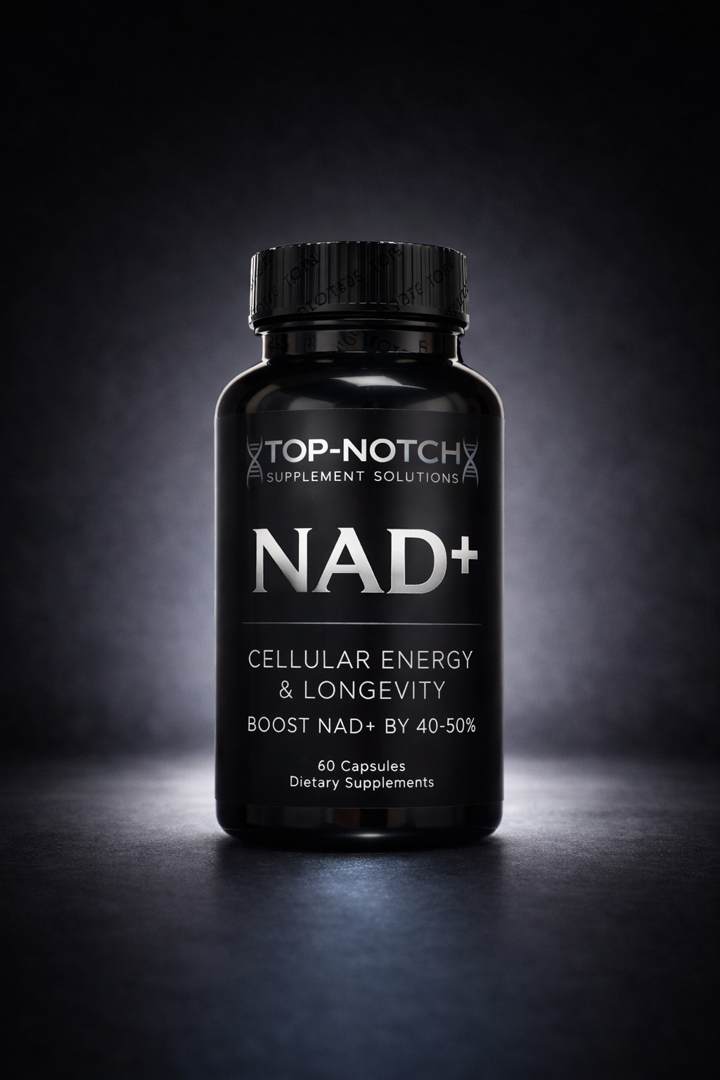 Black supplement bottle labeled 'NAD+' on a dark background