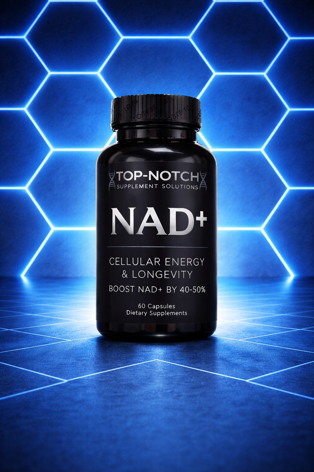 Black supplement bottle labeled 'Top-Notch' on a blue geometric background