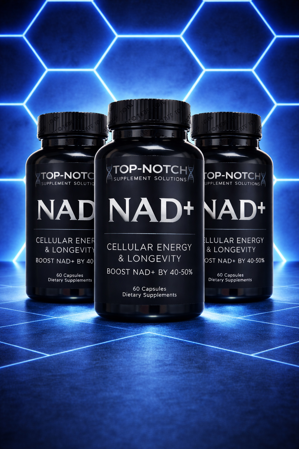 Three bottles of Top-Notch NAD+ supplements on a blue geometric background