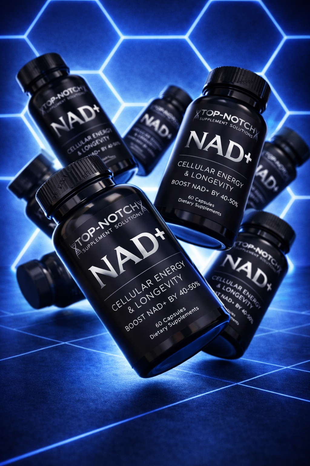 Top-Notch NAD+ supplement bottles on a blue geometric background