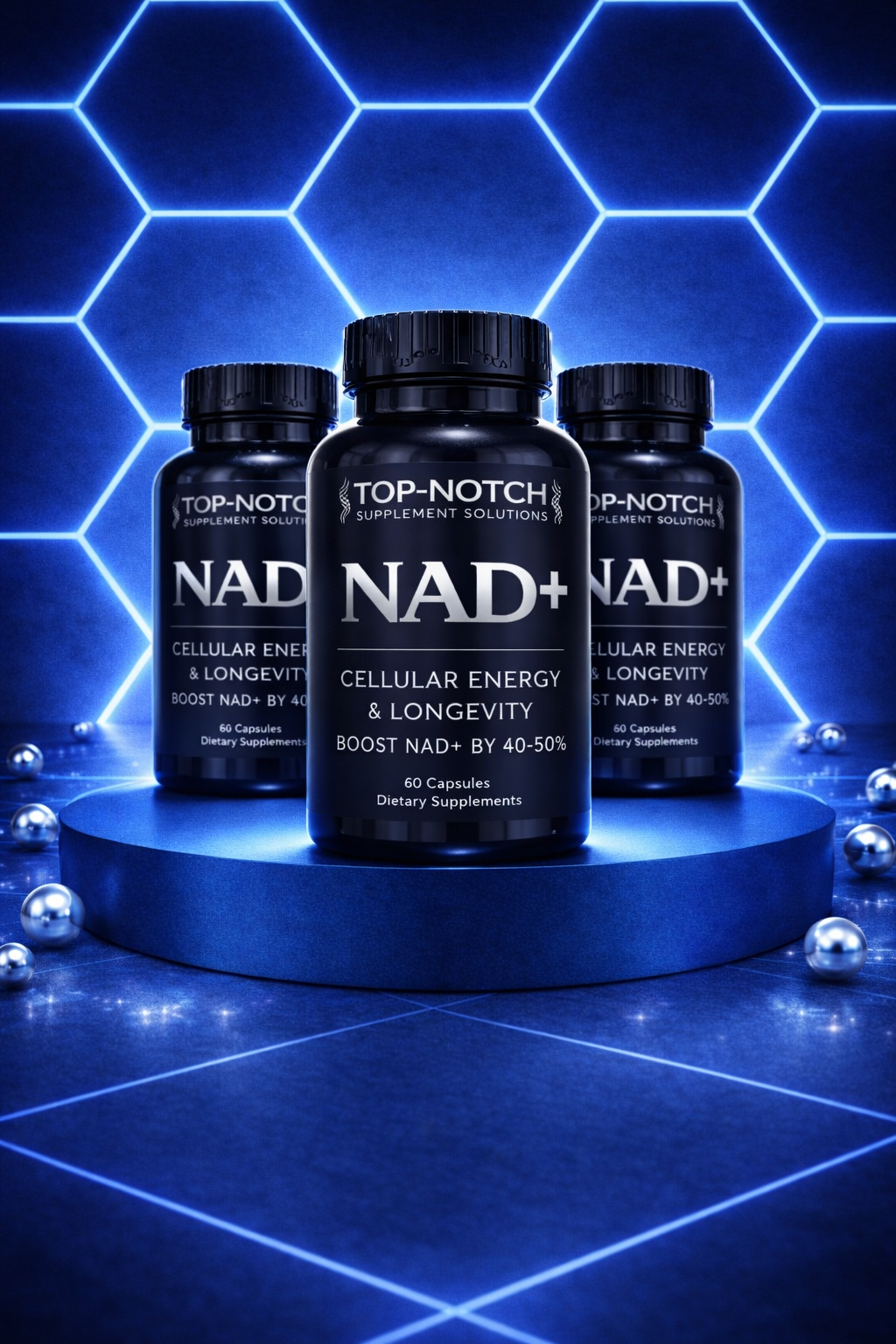 Three bottles of Top-Notch NAD+ supplements on a blue platform with a blue geometric background.