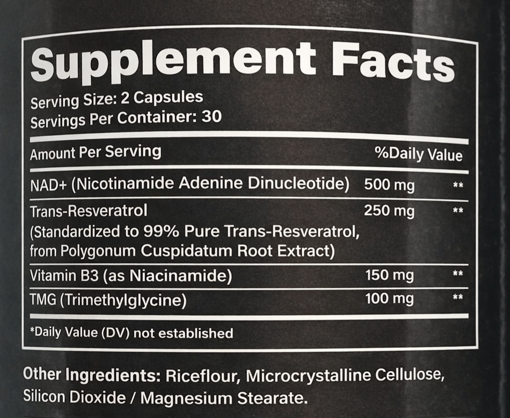 Supplement facts label on a black background